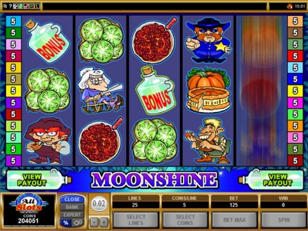 Moonshine Slot Machine: 25 Line, 18 Free Spins with 4x Multiplier